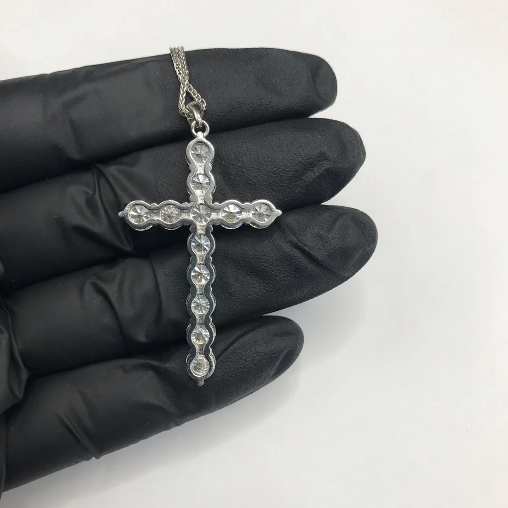 925 Sterling Silver 6.00CT MOISSANITE Cross Pendant Necklace Size 18”